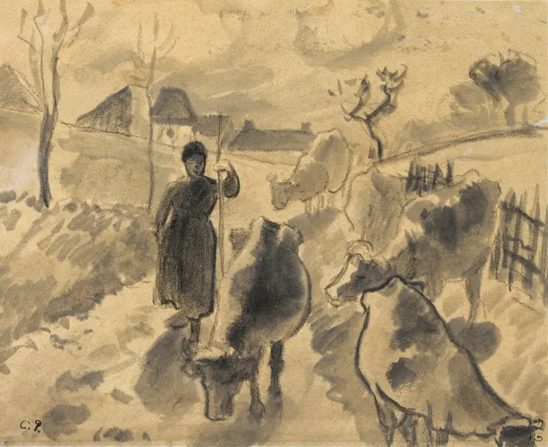 Girl leading a herd of cows along a road av Camille Pissarro