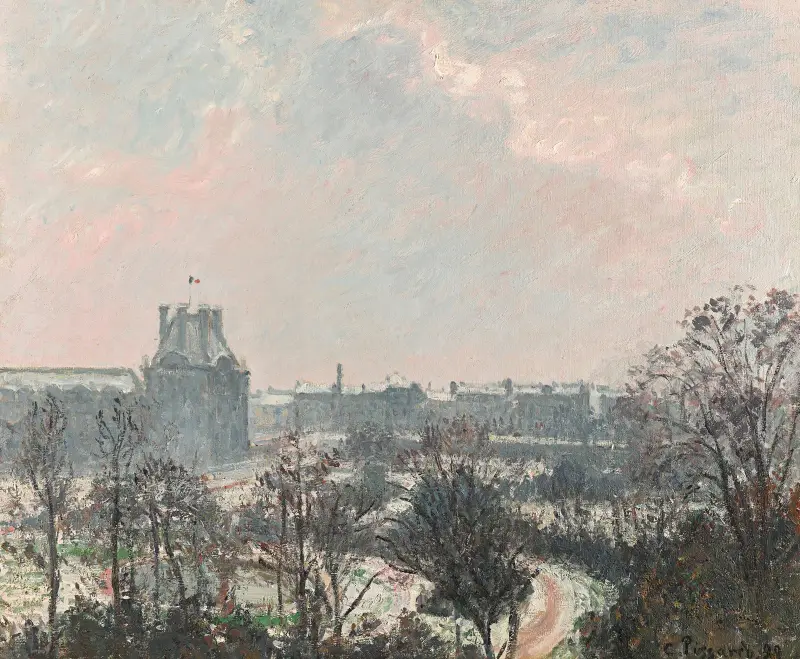Le Jardin des Tuileries et le pavillon de Flore, effet de neige av Camille Pissarro