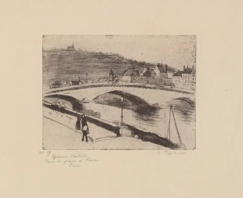 Le pont de pierre, à Rouen av Camille Pissarro