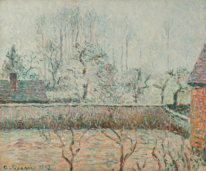 Paysage Avec Maisons Et Mur De Clôture, Givre Et Brume, Éragny av Camille Pissarro