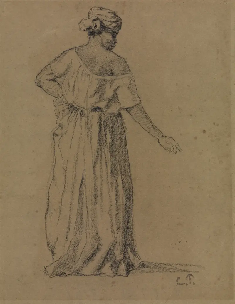 Schwarze Frau mit Turban und langem Kleid in Rückansicht av Camille Pissarro