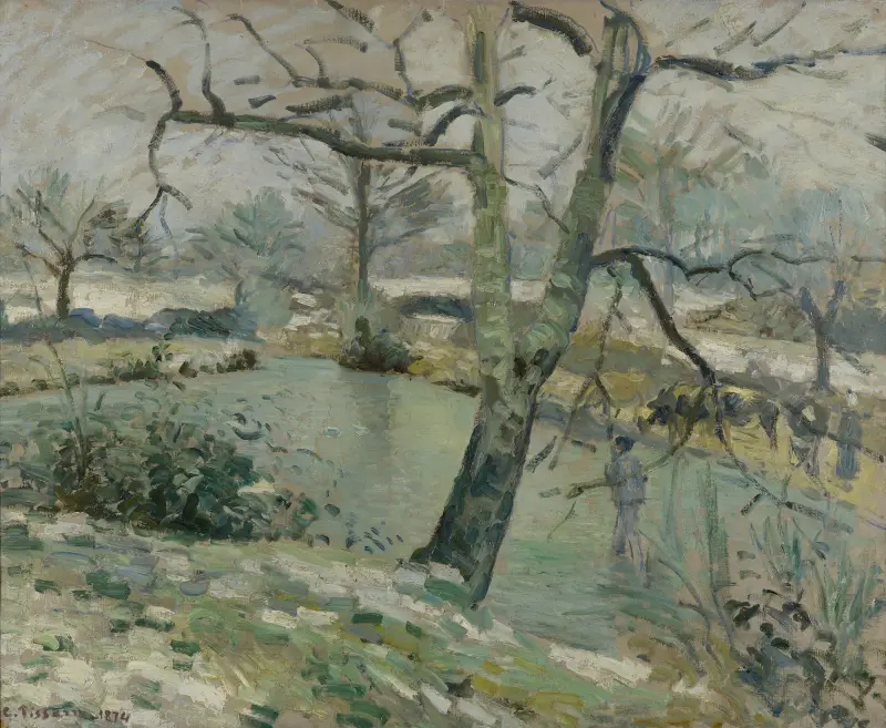 The Pond at Montfoucault, Effect of Winter av Camille Pissarro