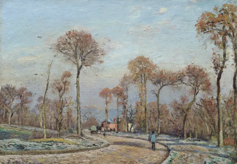 Vägen till Versailles, Louveciennes, morgonfrost av Camille Pissarro