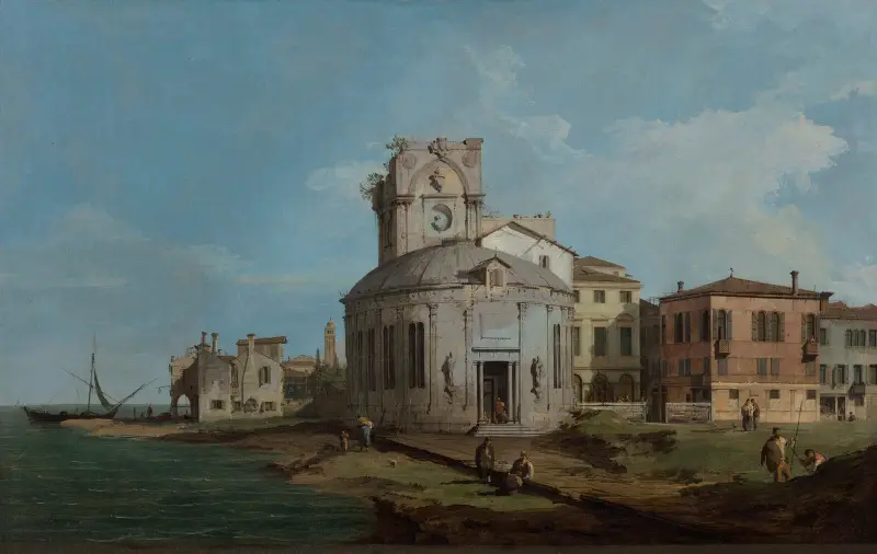 Venezianisches Capriccio mit einer ovalen Kirche an der Lagune von Canaletto