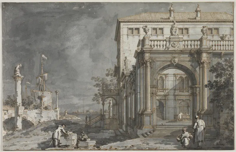Capriccio; A Palace with a Courtyard by the Lagoon av Canaletto