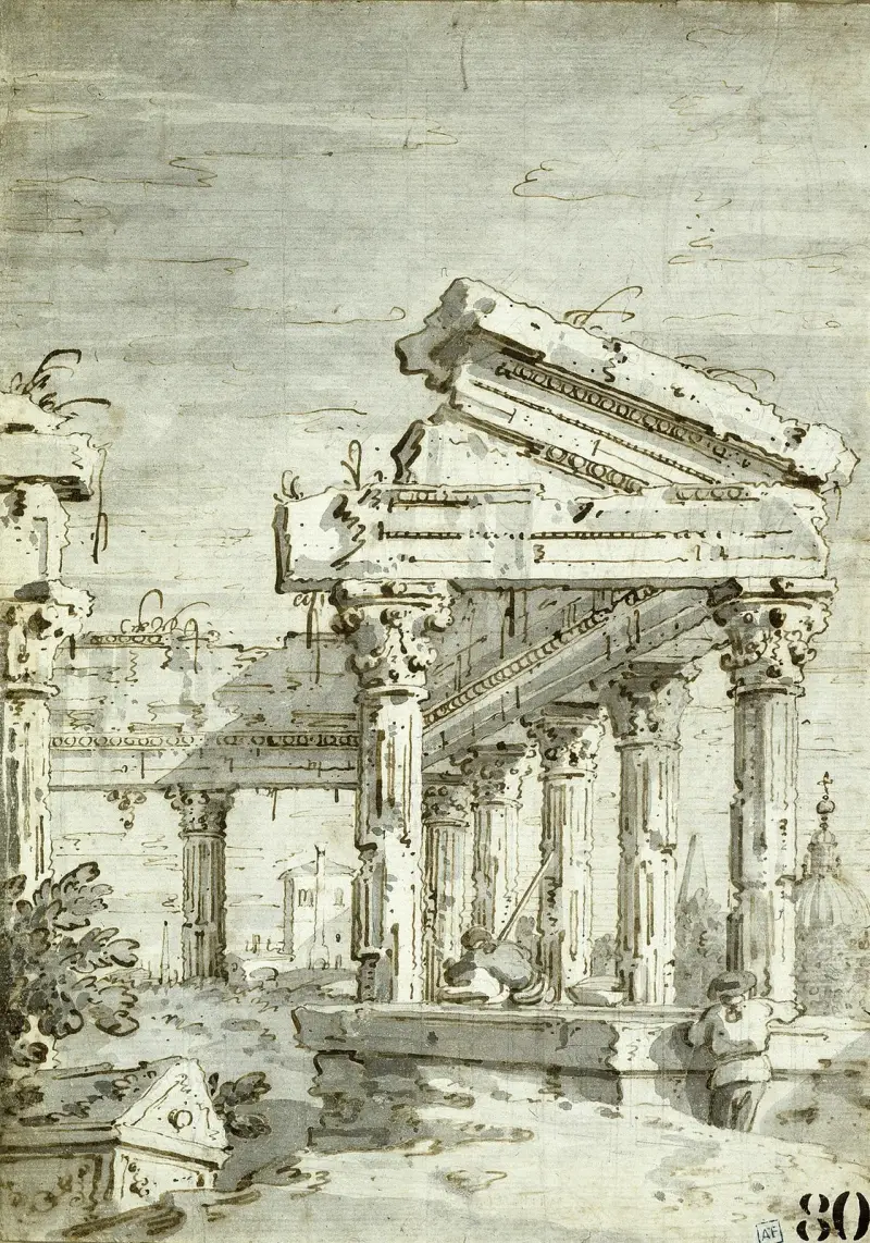 Capriccio; A Ruined Classical Temple av Canaletto