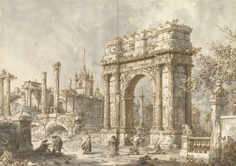 Capriccio with a Roman Triumphal Arch av Canaletto