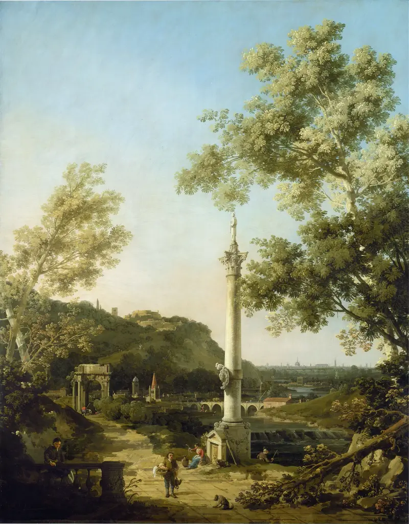 Engelskt landskapskapriccio med en kolonn av Canaletto