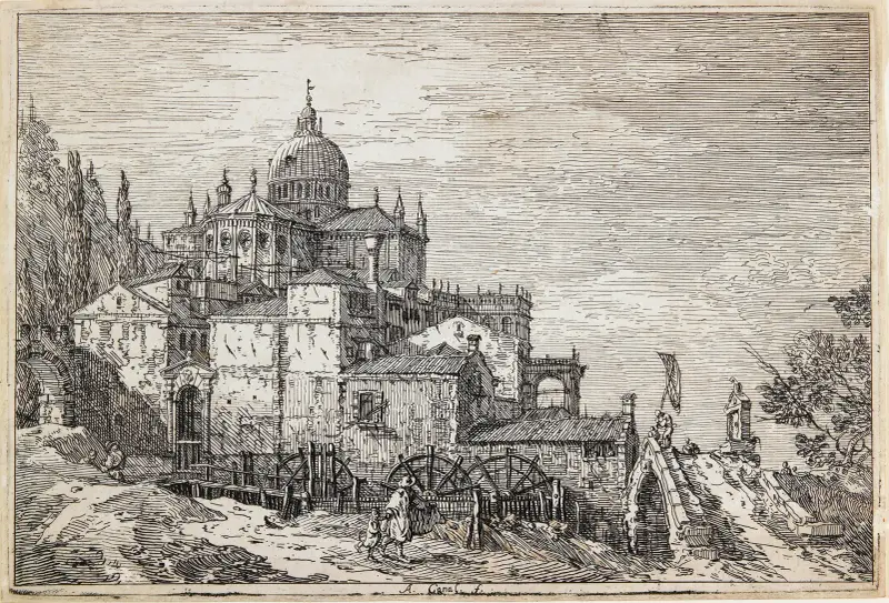 Pejzaż z kościołem, domami i młynem, Canaletto