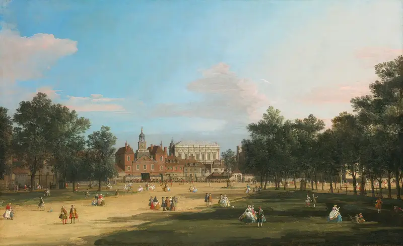 London, A View Of The Old Horse Guards And Banqueting Hall, Whitehall Seen From St. James’ Park av Canaletto