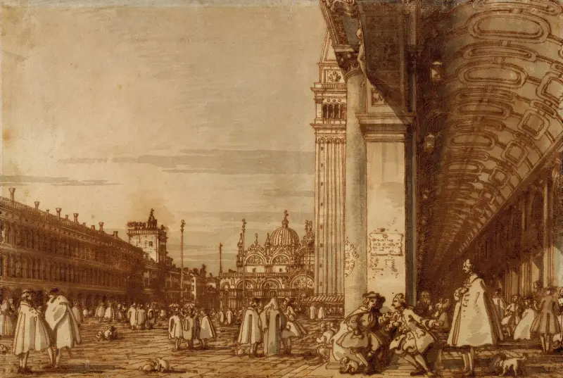 Piazza San Marco från sydvästra hörnet, med Procuratie Nuove till höger av Canaletto