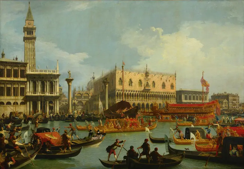 The Bucintore Returning to the Molo on Ascension Day av Canaletto