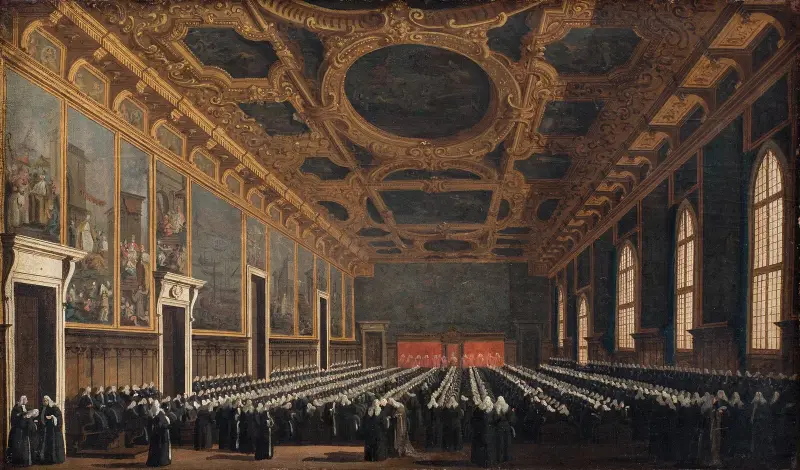 Dogen och stora rådet i Sala del Maggior Consiglio av Canaletto