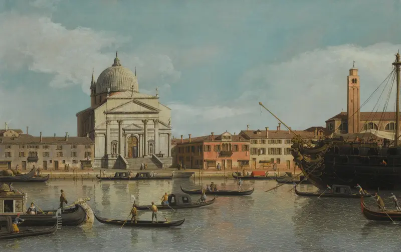 Venice, A View Of The Churches Of The Redentore And San Giacomo, With A Moored Man-Of-War, Gondolas And Barges av Canaletto