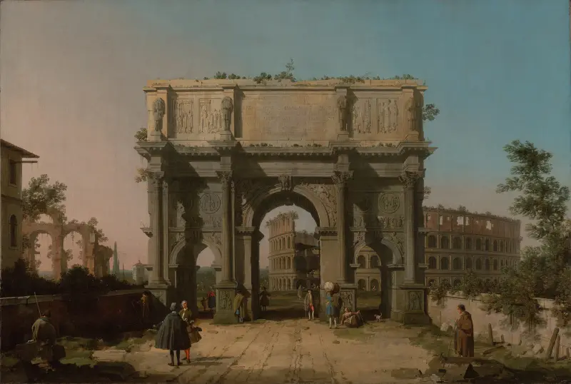 View of the Arch of Constantine with the Colosseum av Canaletto