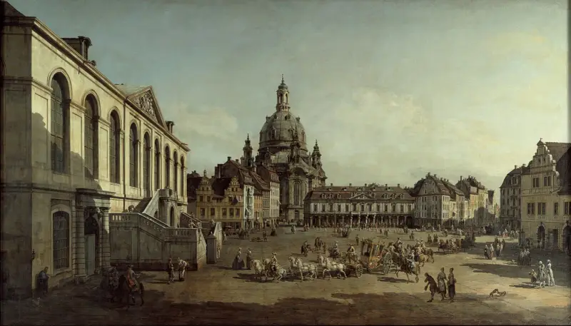 Vy över Neumarkt i Dresden från Jüdenhof av Canaletto
