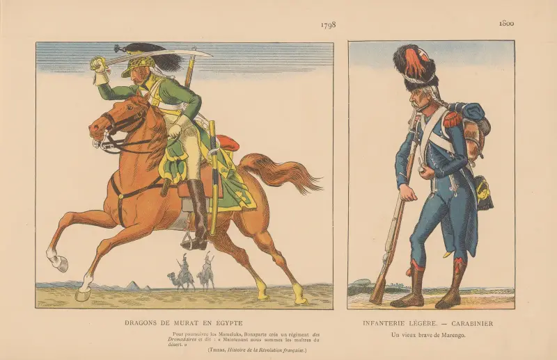 Dragons de Murat en Égypte. 1798, Infanterie Légère — Carabinier. 1800 av Caran d'Ache