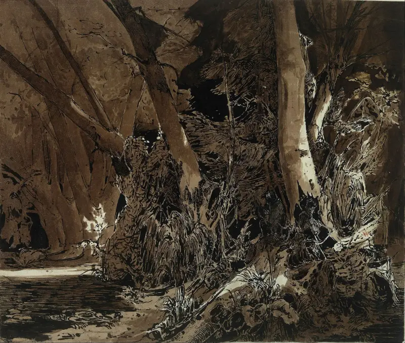 Waldlandschaft mit fließendem Wasser und zwei Jägern von Carl Blechen