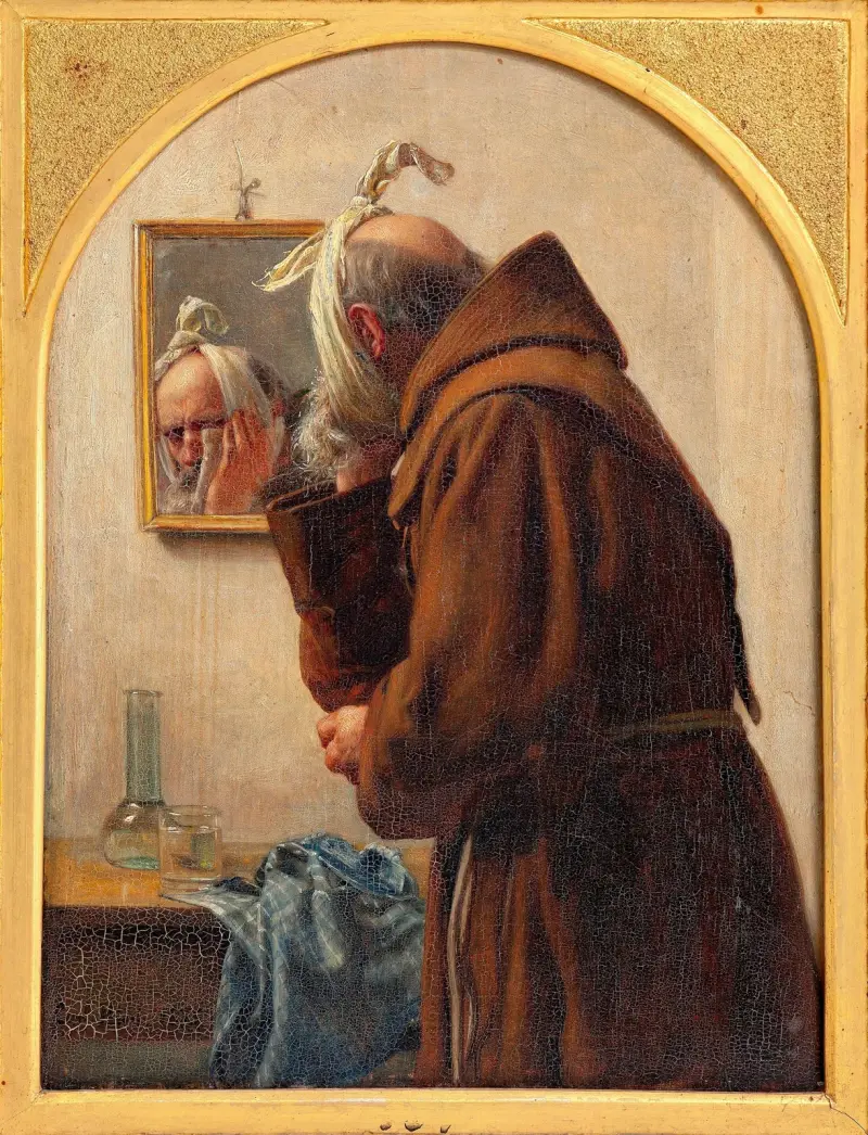 En munk granskar sig själv i en spegel av Carl Bloch