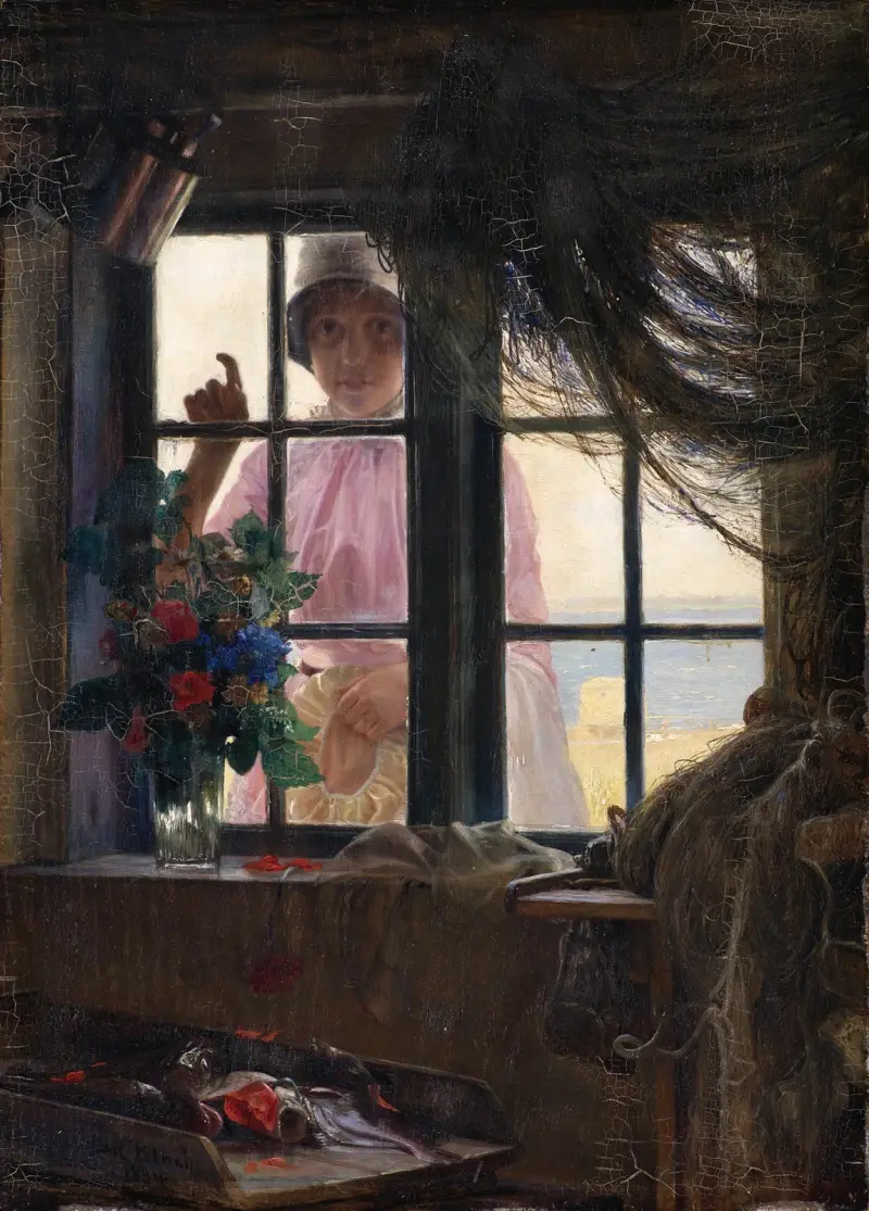 After the Bath. A Young Girl Knocking at the Fisherman’s Window av Carl Bloch