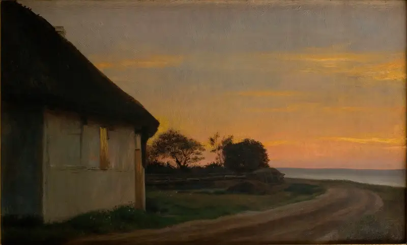 Kvällslandskap med hus och trädgård vid havet. Ellekilde av Carl Bloch