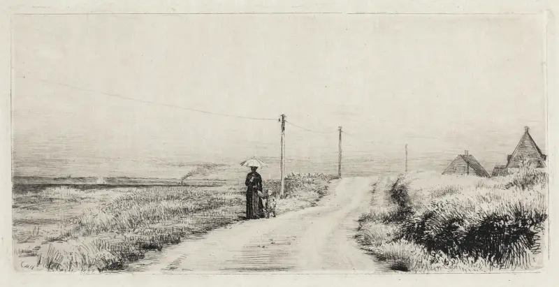 Landsbygdsväg med promenerande dam, solskenseftermiddag av Carl Bloch