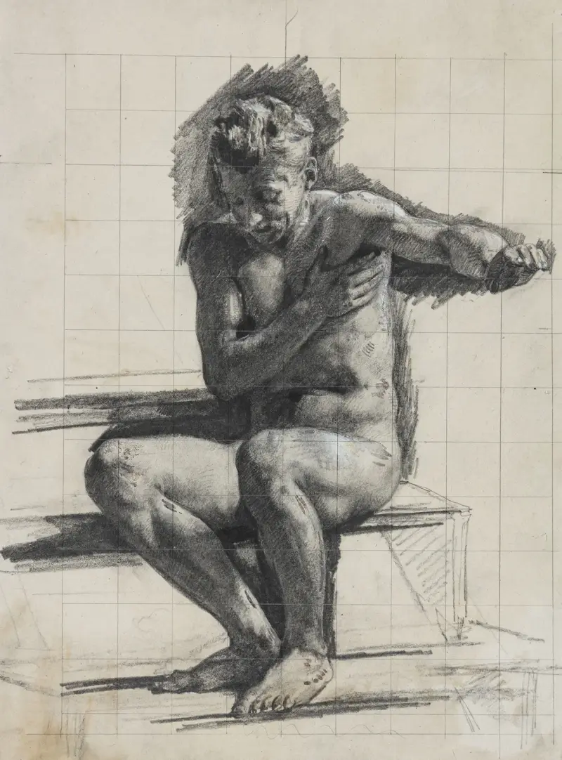 Manlig modellfigur: studie till raderingen Badande man av Carl Bloch