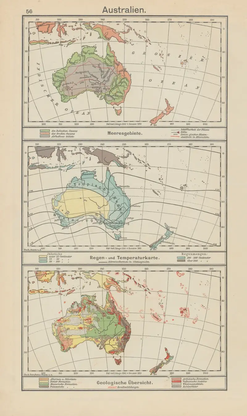 Australien; Havsområden – Regn- och temperaturkarta – Geologisk översikt av Carl Diercke