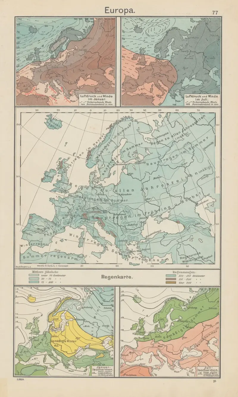 Europa; Regenkarte av Carl Diercke