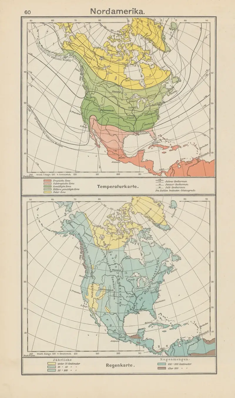 Nordamerika; temperaturkarta – regnkarta av Carl Diercke