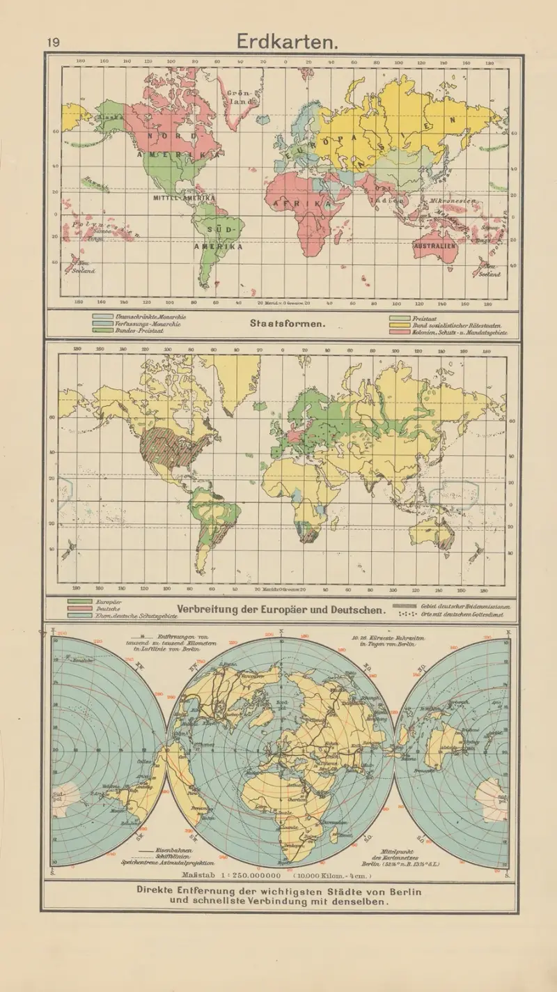 Staatsformen. — Verbreitung der Europäer und Deutschen. — Direkte Entfernung der wichtigsten av Carl Diercke