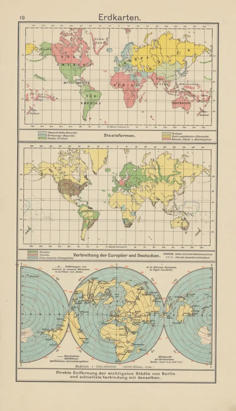 Staatsformen. — Verbreitung der Europäer und Deutschen. — Direkte Entfernung der wichtigsten av Carl Diercke