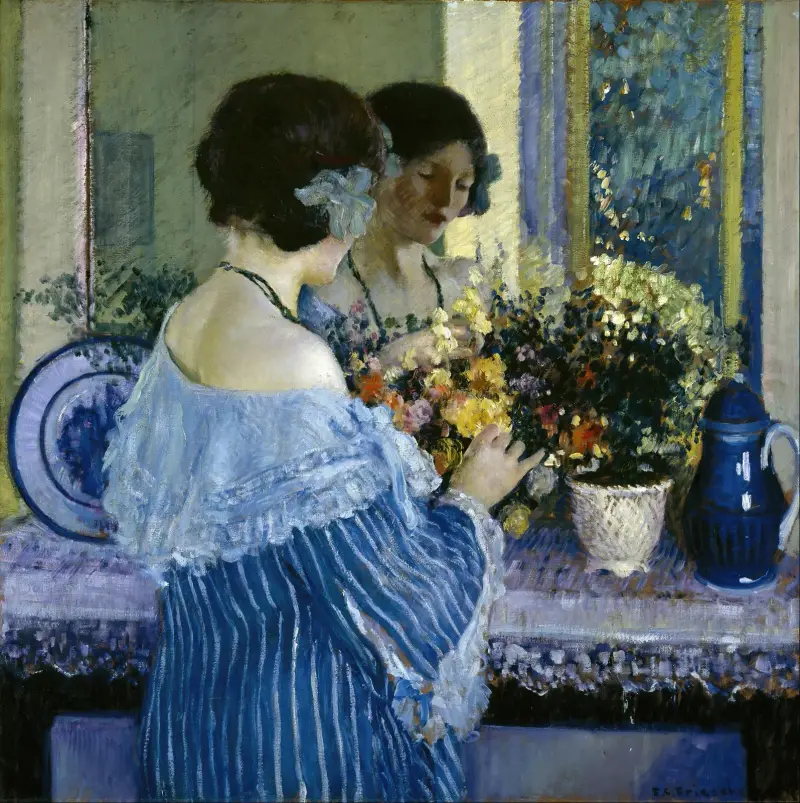 Girl in Blue Arranging Flowers av Frederick Carl Frieseke