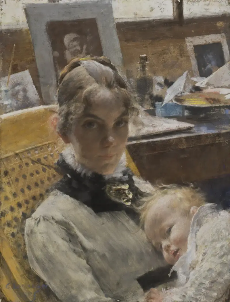 En ateljéidyll. Konstnärens hustru och deras dotter av Carl Larsson