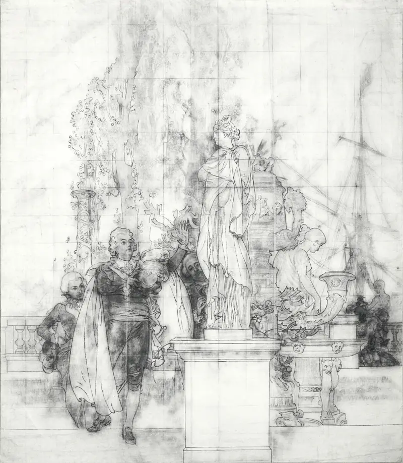 Gustav III som konstens beskyddare och museets grundare mottar antika konstverk av Carl Larsson