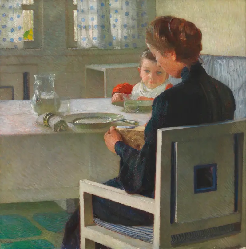 Mamma och barn vid bordet (Vid frukosten) av Carl Moll