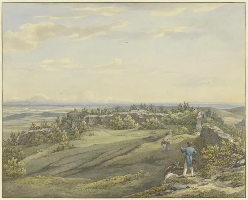 Burghof der Ruine Falkenstein mit Ausblick auf die Mainebene, den Odenwald und die Rheinberge av Carl Morgenstern