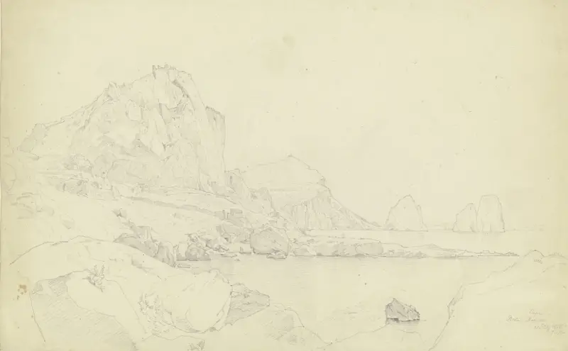 Der Monte Castiglione mit der Festung auf der Spitze, im Hintergrund auf dem Monte Tibero die Villa Jovis, rechts die Faraglioni vor Capri av Carl Morgenstern