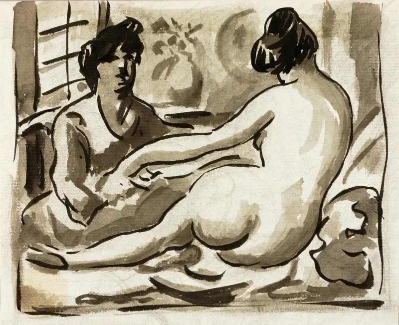 Reclining Female Nude with Attendant av Carl Newman