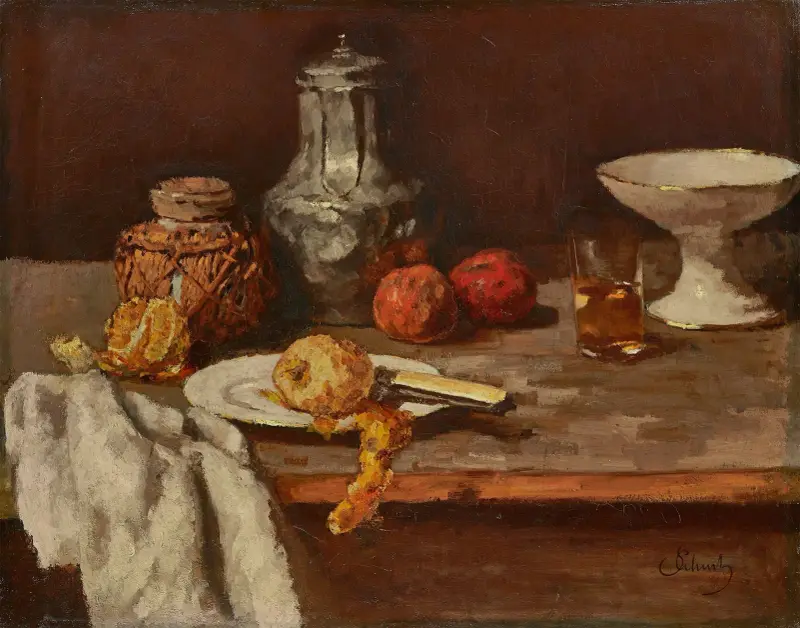 Ingwertopf mit Orangenhälfte von Carl Schuch