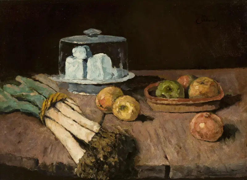 Still life with leeks, apples and cheese av Carl Schuch