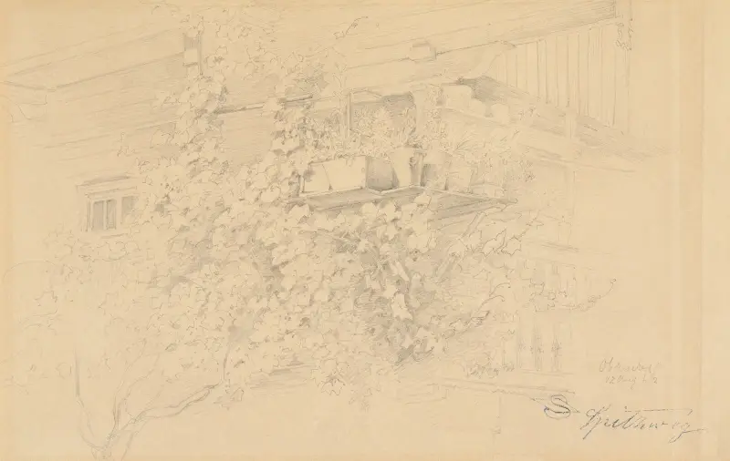 Hörn av ett bondehus med klängande vinlöv och blomkrukor av Carl Spitzweg