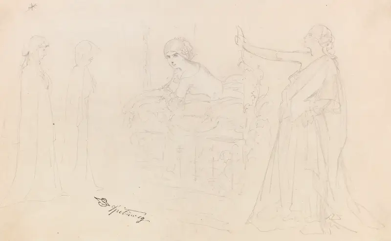Figurenstudien; Eremit, Junge Frau am Fenster, Allegorie av Carl Spitzweg