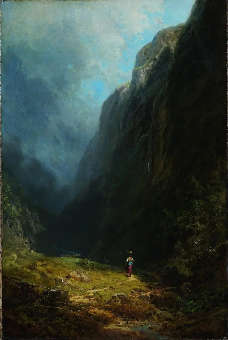 I den alpina höjdalen (Landskap med berget Wendelstein) av Carl Spitzweg