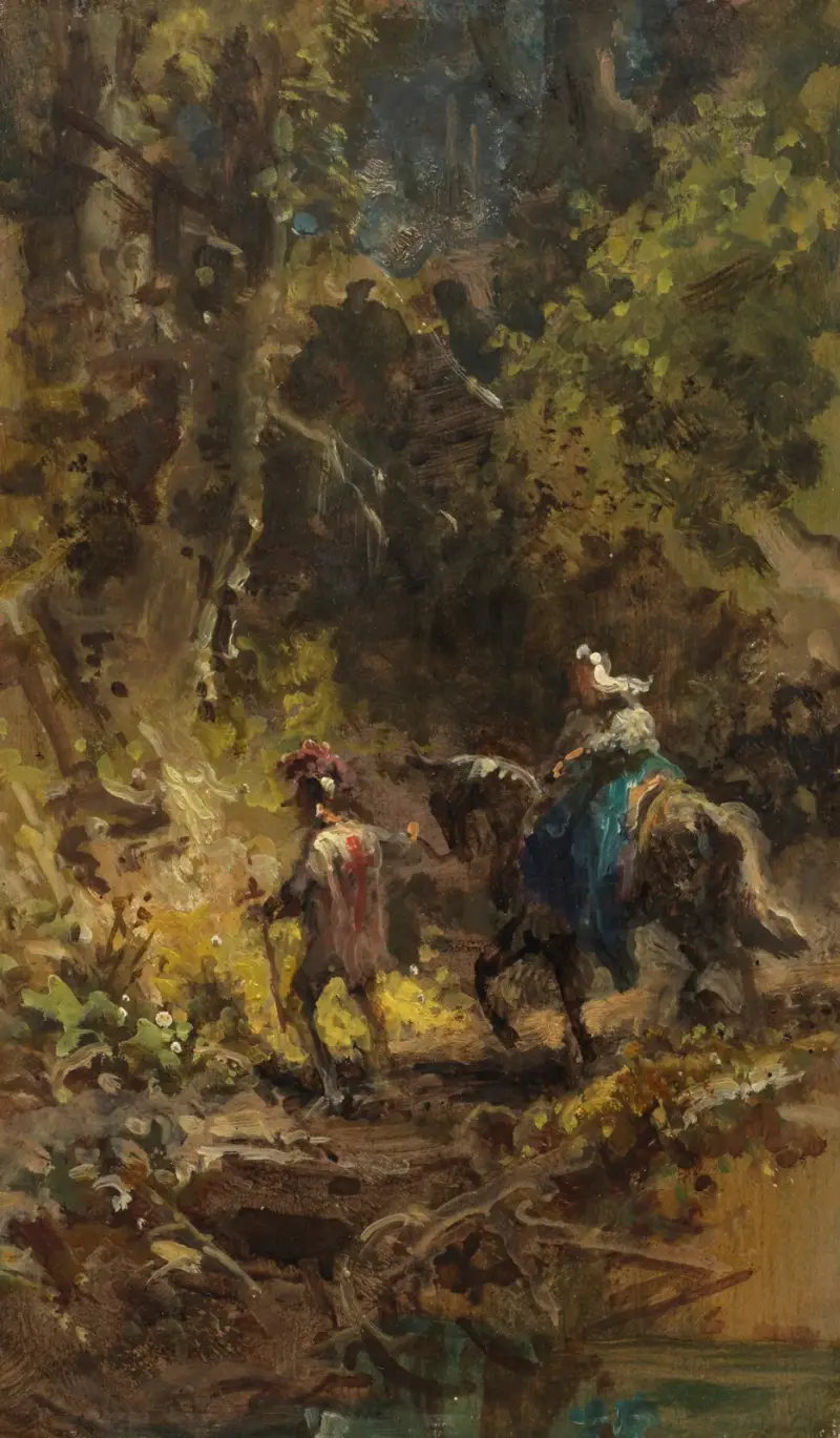 Kreuzritter mit Dame in Waldlanschaft av Carl Spitzweg