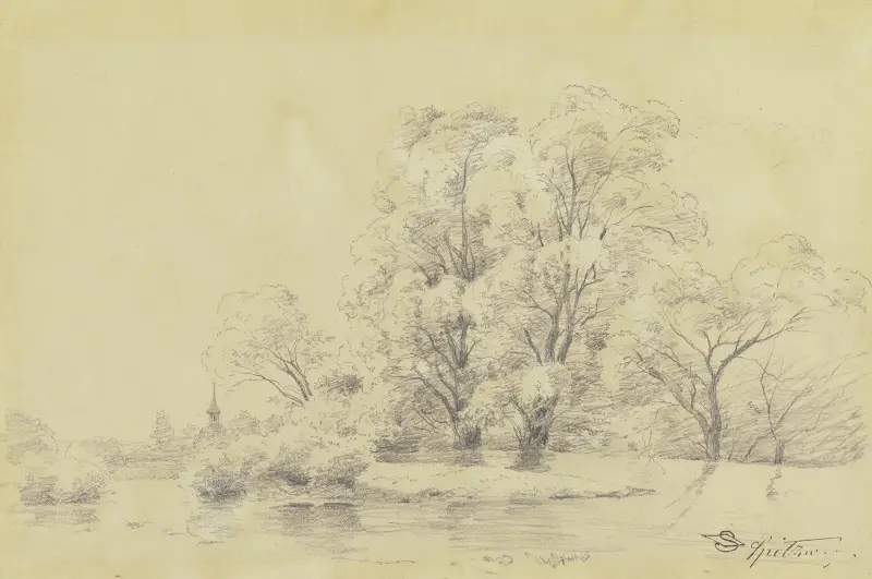 Landskap med träd vid vattnet, i fjärran en bykyrkas torn av Carl Spitzweg