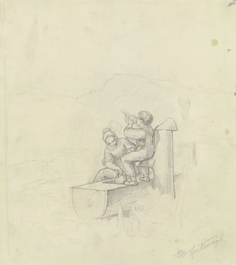 Flicka och pojke vid brunnen av Carl Spitzweg