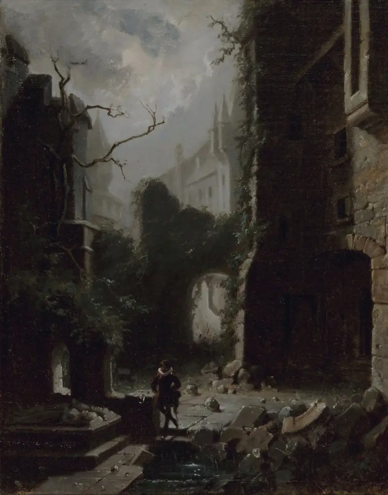 Månskensscen med slottsruin av Carl Spitzweg