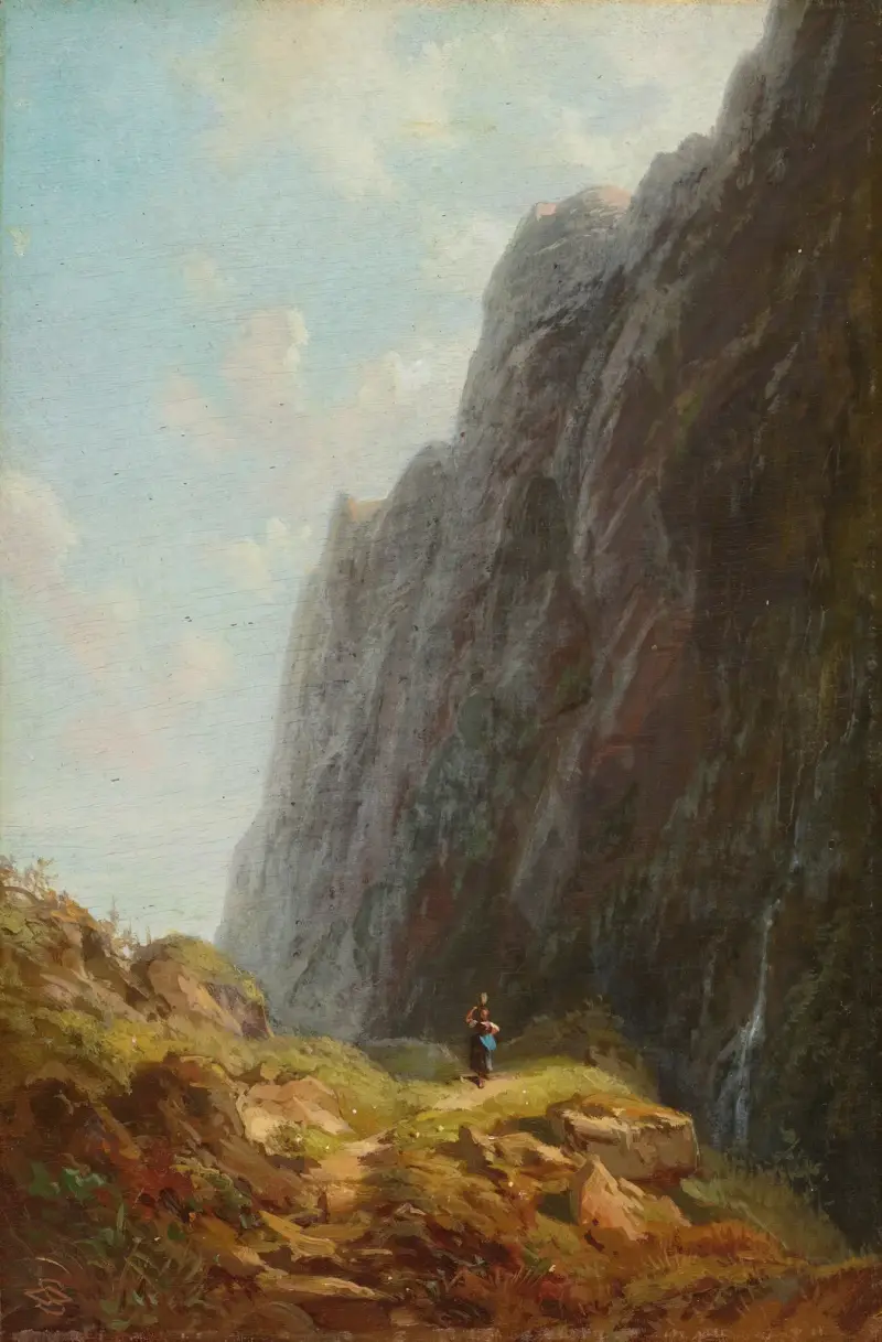 Berg och mjölkpiga längs en slingrande stengång av Carl Spitzweg