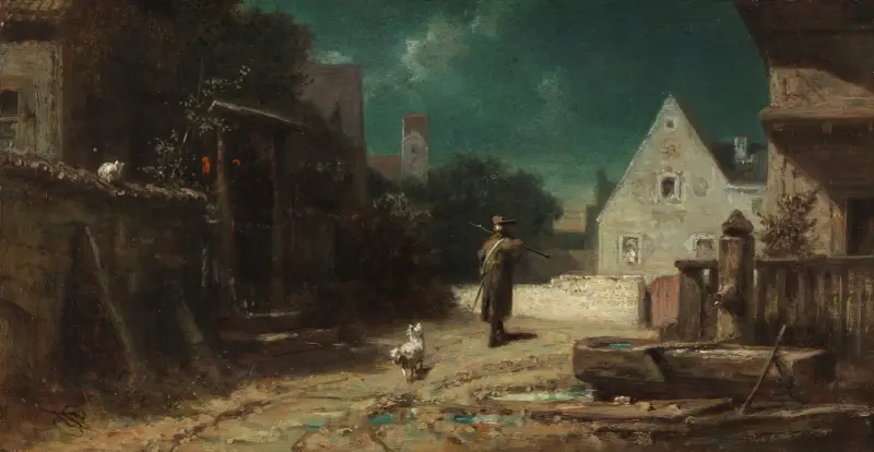 Nattvakt i månsken, hund och katt av Carl Spitzweg